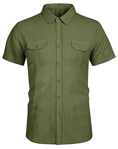 Pengfei Mens Short Sleeve Shirts Linen Cotton Button Down Tees Spread Collar Plain Shirts A-Army Green #TOP1