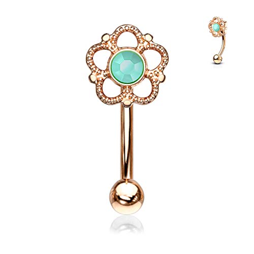 Amelia Fashion 16 Gauge Turquoise Center Flower Filigree Curved Barbell Eyebrow Ring 316L Surgical Stainelss Steel (Choose Color) (Rose Gold)