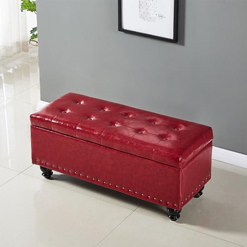Banc de rangement rectangulaire en cuir avec coussin et pieds bois