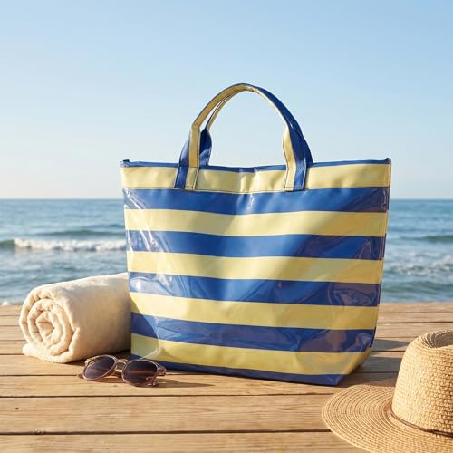 Image of Striped PVC Tote Bag for Women, Waterproof Plastic Hobo Handbag Summer Tote for Beach, Pool & Ideal Gift
