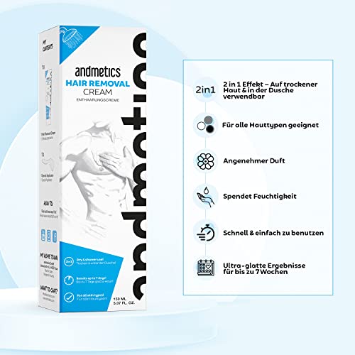 andmetics Haarentfernungscreme 2 in 1 für Herren | rasche und präzise Haarentfernung für Männer | 2 in 1 Anwendung nass und trocken anwendbar | 150 ml Tube mit Abziehspachtel | keine Schnitte mehr - Image 3