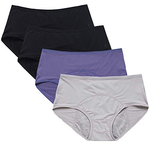 Teens Mesh Holes Breathable Menstrual Period Panties Girls Heavy Flow Leak Proof Hipster Underwear Mulit Pack (Mesh black+black+blue+gray 4 Packs, US Size Medium(135-165 lbs))