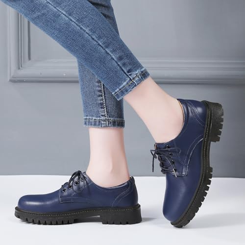 XMM Oxford Shoes for Women Lace up Flats Leather Women's Oxfords Saddle Non-Slip Work Office Comfortable Platform Ladies Loafers Blue Dress Business Casual Teacher Uniform Dressy Shoes Size8.5 by XMM - Used condition - Image 2
