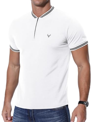 KUYIGO Camiseta Henley con cremallera para hombre, diseño de cabeza de ciervo, manga corta, corte ajustado, blanco, M