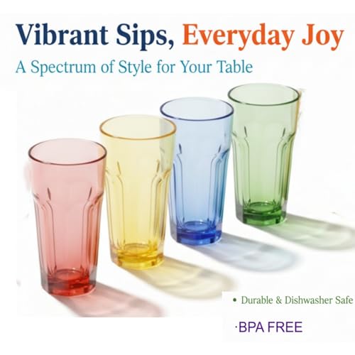 RAONEUS Coloured Plastic Tumblers Set of 4 Premium Unbreakable Drinking Glasses for Adults, Dishwasher Safe Reusable Cups for Home, Party & Camping (405ml Color)