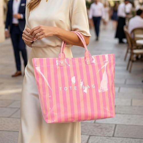 Image of Striped PVC Tote Bag for Women, Waterproof Plastic Hobo Handbag Summer Tote for Beach, Pool & Ideal Gift