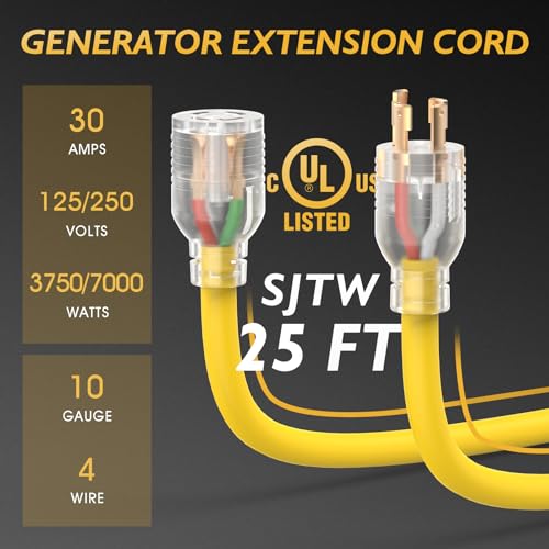 TOOLIOM 30 Amp Generator Cord, L14-30P/L14-30R Generator Extension Cord, UL Listed Heavy Duty Generator Power Cord 125/250V 7500W 10 AWG SJTW RV Extension Cord with Lighted Power Indicator (25FT) - Image 4