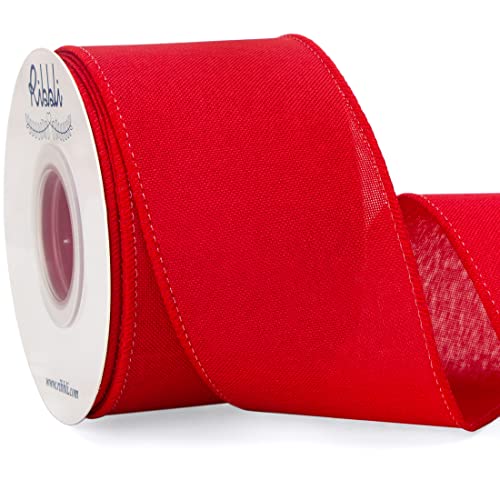 Ribbli Red Linen Wired Ribbon 2-1/2 Inch x 10 Yard Red Burlap Wired Ribbon for Wreaths Big Bow Crafts Gift Wrapping Christmas Tree Decoration