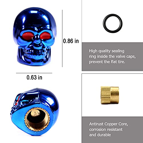 Dsycar Skull Style Tire Valve Stem Caps Antirust Copper Core, Red Eyes With Rubber Ring, Universal Stem Covers For Cars, Suvs, Bike And Bicycle, Trucks, Motorcycles - 4Pcs/Box - (Blue) #TOP3