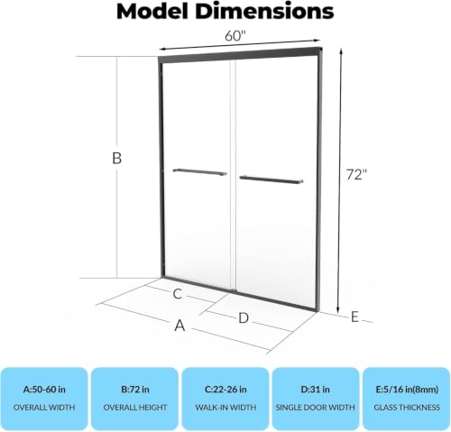 Image of 56-60 Inch Frameless Sliding Shower Enclosure,76 inch Height | 8mm Clear Tempered Glass with Matte Black Hardware | Adjustable Width Bathroom Door for Walk-in Showers
