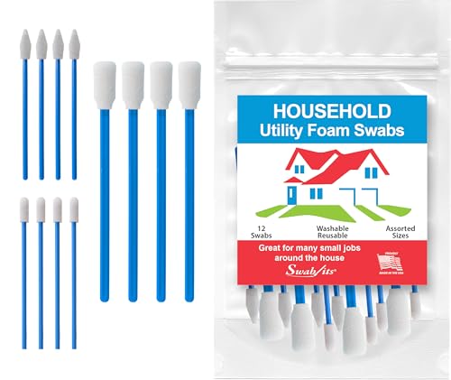 Swab-its® Household Utility Foam Swabs – 12-Piece Reusable, Lint-Free Cleaning & Detailing Set | Multi-Purpose Home Cleaning Tools | Made in USA (88-8221)