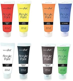 KARRMA. Acrylic Paint 8 Tubes of Assorted Colour - 120ml Tubes Black,Blue,Brown,Green,Orange,Red,White,Yellow.Suitable for use on paper/ canvas/ card/ board/ wood etc