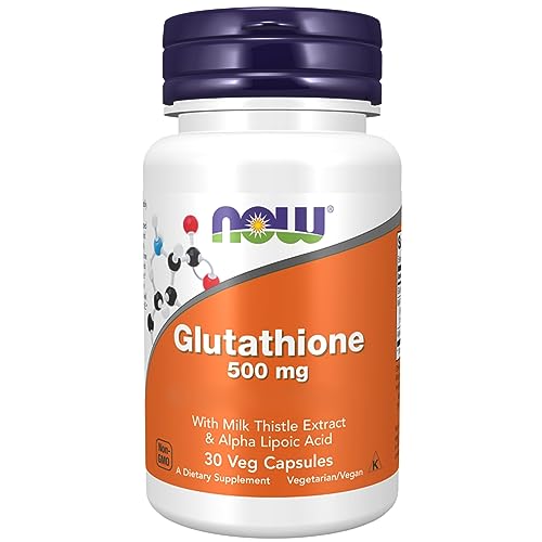 Now Foods, L-Glutathione, 500mg, con Cardo Mariano y Ácido Alfa Lipoico, 30 Cápsulas veganas, Aminoácido, Testado en Laboratorio, Sin Gluten, Sin Soja, Sin OGM