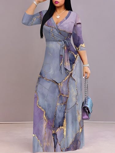 Image of Plus Size Dresses for Women Print Maxi Dresses 3 /4 Sleeve with Belt