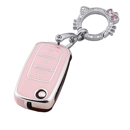 Image of Pangpai Pink Key Fob Cover for VW Volkswagen,Soft TPU Key Case Protection with Bling Keychain Fit for Jetta Golf Polo MK6 Passat Tiguan Beetle