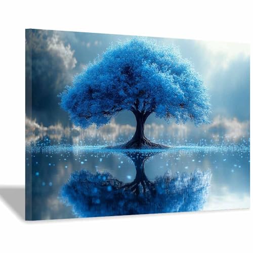 Arbre Bleu au Bord du Lac Tableau Nature pour Ambiance Zen de Salle de Bain