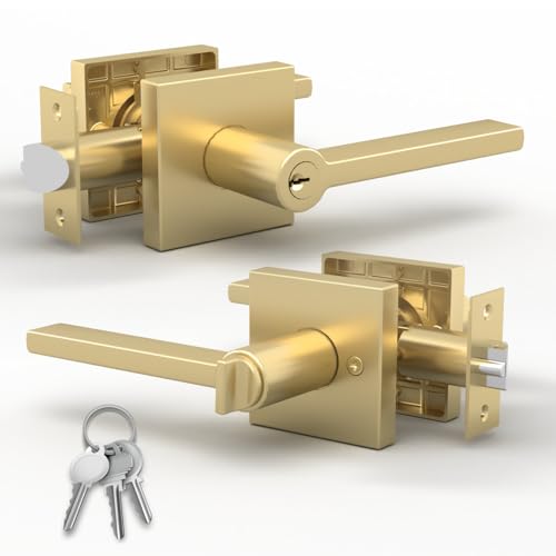 Image of Mega Handles - Prime Entrance Handle, Entry Lever Door Handle, Heavy Duty Square Locking Lever Set for Left or Right-Handed Doors, Interior /Exterior Door Levers - Satin Brass