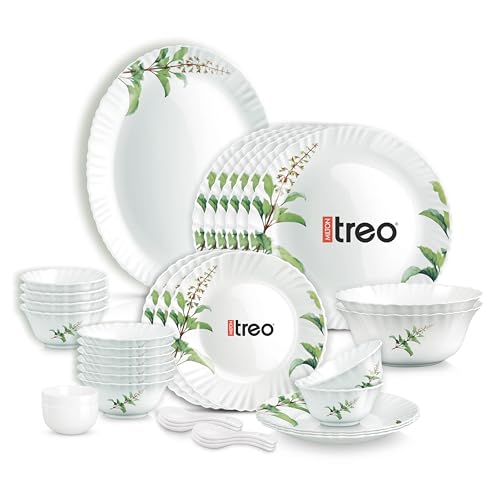 Image of Treo by Milton Opalware Aurelia Savira Dinner Set of 35 | Serving for 6 | Microwave & Dishwasher Safe | Bone-Ash Free | Tempered Toughness | Plates, Bowls, Spoons | Crockery Set for Dining & Gifting