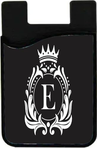 Island Gifting - Letter E Monogram - Fancy Crown on Black Design - Stick-on ID Card Holder for iPhone/Galaxy/Google Android Cases