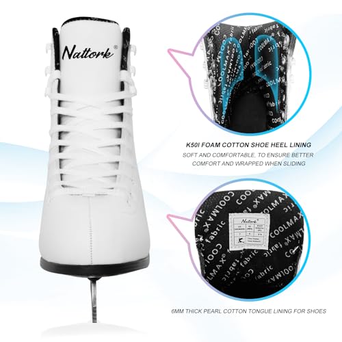 image for Nattork White Figure Skates Excellence Stainless Steel Blades Ice Figu