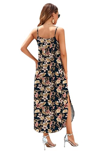 Image of HUSKARY Women's Summer Casual Sleeveless V Neck Strappy Split Loose Dress Beach Cover Up Long Cami Maxi Dresses with Pocket