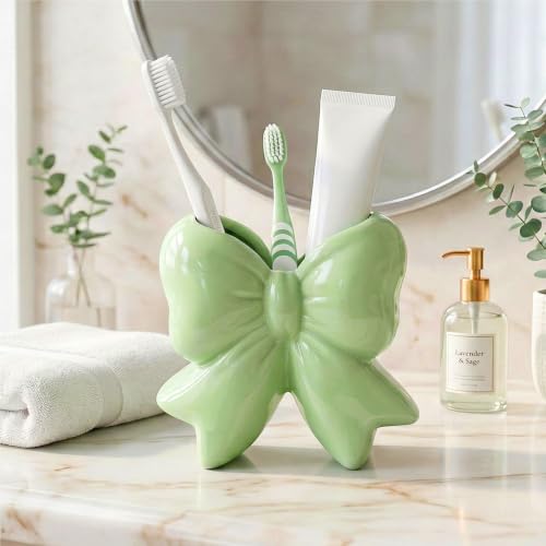 Sage Green Bow Toothbrush Holder, Ceramic Makeup Brush Holder for Bathroom