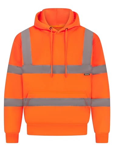 LABEL APPAREL Mens Fleece Pullover Hoodie Casual Long Sleeve Hi Vis Viz High Visibility Work Hoody Sweatshirts Orange