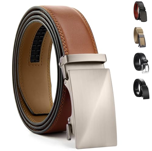 El Mejor Listado de Cinturones de Moda para Hombre - los preferidos. 43 Cinturón Clásico Para Hombre, Hebilla Automática Trinquete, Cinto Hombre Ajustable Traje Vestir, Cinturones Para Hombre Piel Cortable, Fácil Ajuste (marrón plateado-01, 110cm)