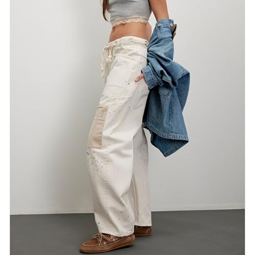 Baggy Barrel Jeans for Women Y2K Drawstring Wide Leg Boyfriend Denim Ankle Pants with Pockets3