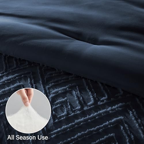 Image of Zzlpp Queen Comforter Set 7 Pieces, Navy Blue Tufted Bed in a Bag with Comforter and Sheets,All Season Boho Bedding Sets with Comforter, 2 Pillow Shams, 2 Pillowcases, 1 Flat Sheet, 1 Fitted Sheet