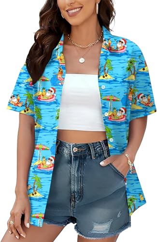 Christmas in July Shirt Women Christmas Hawaiian Shirts Kalikimaka Tee Hawaiian Button Up Shirt Beach Vacation Tops(Blue, X-Large) — view 6