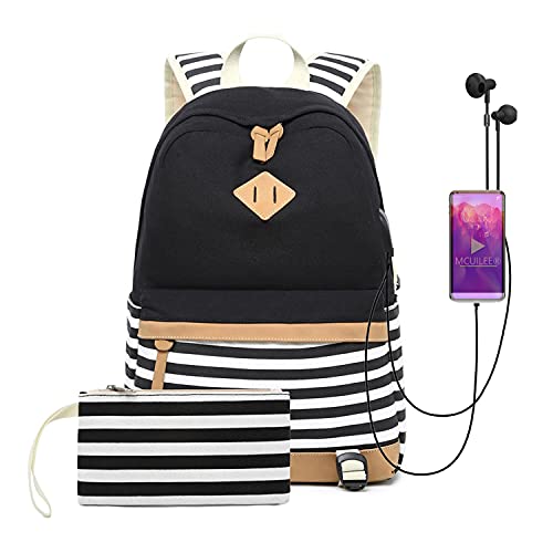 MCUILEE Ensemble sac à dos d'école, sac à dos rayé avec port de charge USB pour adolescente, 2 sacs à dos noirs + trousse à crayons Cover