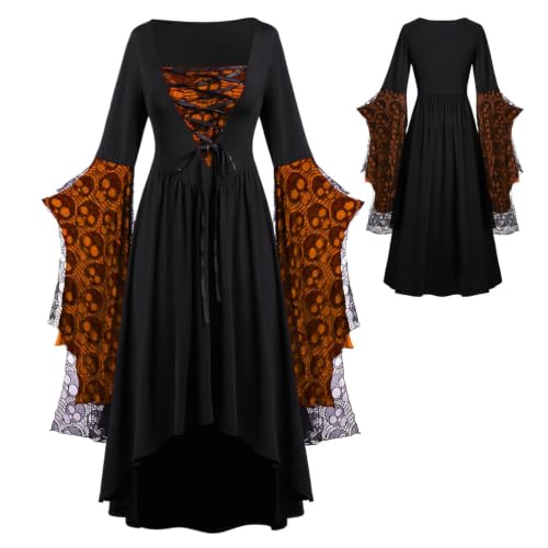 Vestido corsé medieval de Halloween con mangas acampanadas y lazos vintage