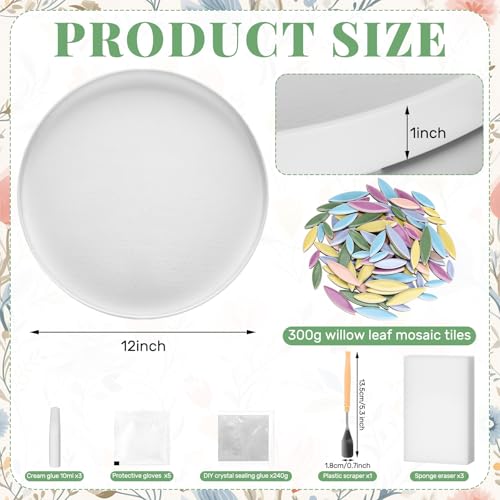 Humyoun DIY Ceramic Large Mosaic Tiles Tray for Crafts 300g Willow Leaves Mixed Color Mosaic Kits 11.8 Inch Round Tray Other Crafts Accessories for Adults Art Coaster Craft Handmade Home Decor Gifts - Thumbnail 3