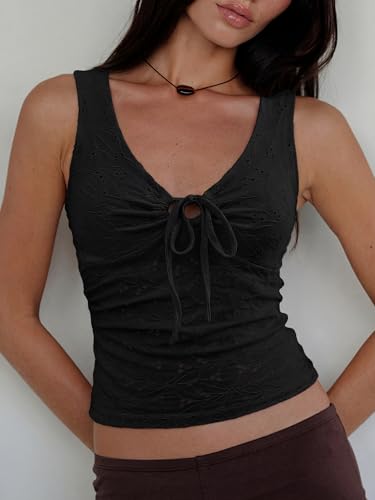 EMMIOL Womens V Neck Ribbed Crop Tank Tops Sleeveless Ruched Going Out Y2K Sexy Top Summer Outfits — view 2
