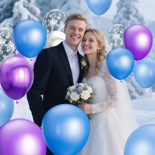 Image of 68Pcs Purple and Blue Party Balloons Kit 12 Inch Pearl Light Blue Metallic Purple Silver Snowflake Balloons with Ribbons for Winter Theme Birthday Wedding Girls Party Decorations.