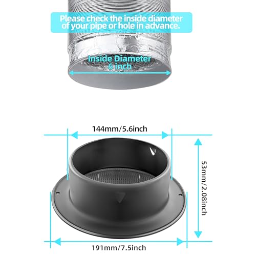 6inch 304 Stainless Steel Air Vents, Louvered Grille Cover Vent Hood Flat Ducting Ventilation Air Vent Wall Air Outlet with Fly Screen Mesh for House (6 inch Black Paint Cover （150mm）)