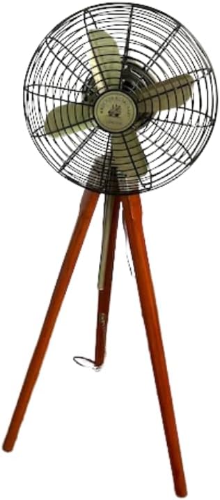Vintage Style Floor Fan with Wooden Tripod Stand, Black Antique Metal, Adjustable Height, Nautical Design