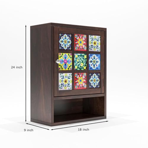 Image of Sheesham Wood Kitchen Cabinet for Home | Wall Mounted Kitchen Rack with Storage | Wooden Kitchen Unit /Organizer with 1 Door & 1 Shelf Storage (Walnut Finish)