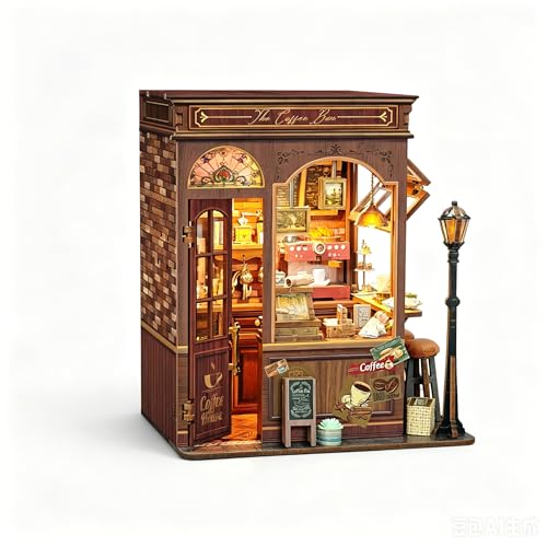 LIDOUNJAI Vintage European Coffee Shop DIY Wooden Book Nook, LED