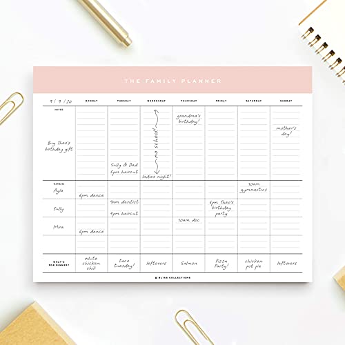Image of Bliss Collections Family Planner with 50 Undated 8.5 x 11 Tear-Off Sheets - Simple Pink Daily and Weekly Calendar for Planning and Organizing Family Activities, Appointments, Tasks, Chores and Meals