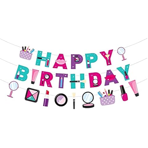 EVECILOO Makeup Birthday Banner, Spa Themed Party Makeup Happy Birthday Banner, Spa Party Decorations, Lipstick Banner, Girls Makeup Party DIY Decorations Cover
