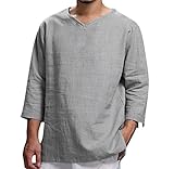 Manga larga Camisa Holgada de algodón y Lino con Cuello en V de Manga Larga para Hombres Camisa Informal Holgada Retro de Manga Larga