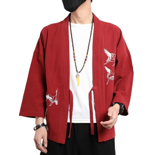 Image of Men's Japanese Kimono Cardigan Loose Cotton Linen 3 /4 Sleeve Open Front Casual Summer Shirt Jackets