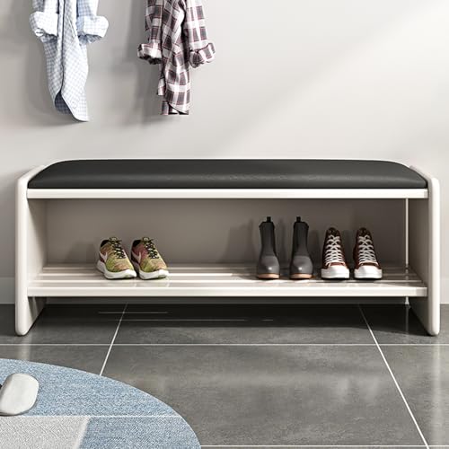 Banc de rangement 2 en 1 et pouf rembourré en cuir PU blanc pour salon 90cm
