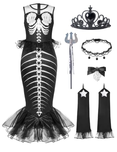 Spooktacular Creations mermaid skeleton costume for girls with dress cuffs pearl necklace hair pin wand and crown
