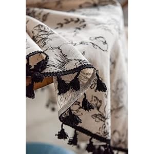 F CHU Floral Round Tablecloth 60 Inch Cotton Linen Table Cloth with Tassels for Restaurant Picnic Indoor and Table Cover Home Decoration FloralBlack White