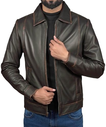 Mens Full Grain Pure Leather Jacket - Real Lambskin Classic Shirt Collar Motorcycle Leather Jackets for Men