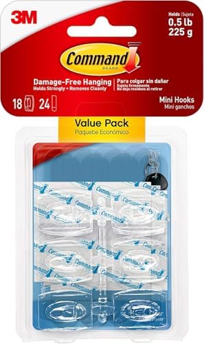 Command Mini Transparent Hooks – Economy Pack of 18 Small Hooks and 24 Adhesive Strips – Organize Without Leaving Marks and Without Drilling