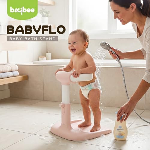 Image of BAYBEE Babyflo Shower Bath Stand for Baby for 0 - 3 Years for Kids | Baby Standing Bath Stand with Adjustable Height & Width | Foldable Kids Bathstand with Shower Holder & Anti-Slip Base (Pink)